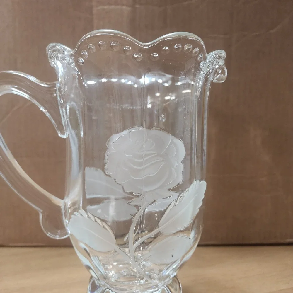 imperlux hardcut crystal Clear Glass Pitcher Roses Beaded  Footed etched fluted